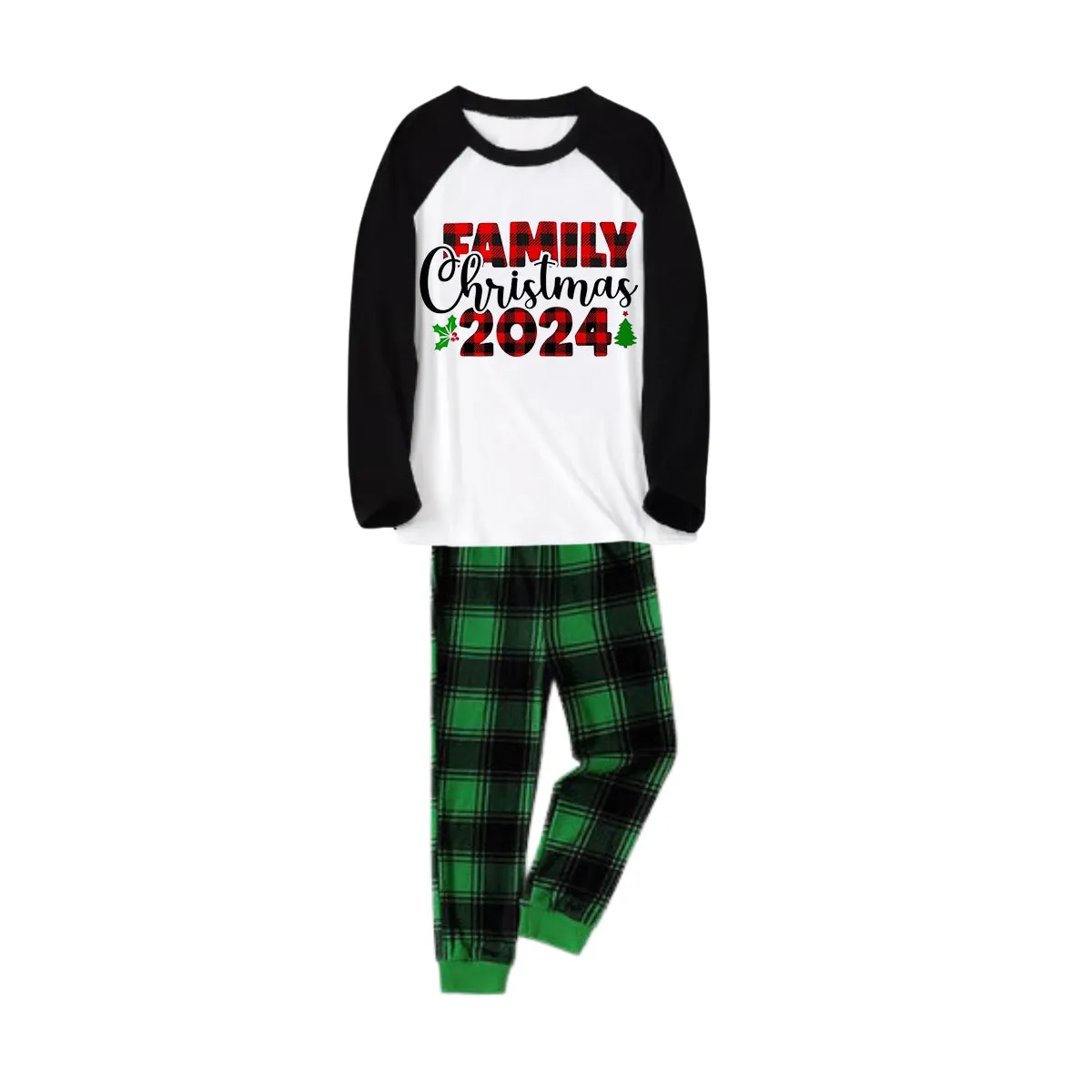 "Family Christmas 2024" Printed Green and Black Plaid Christmas Family Pajamas