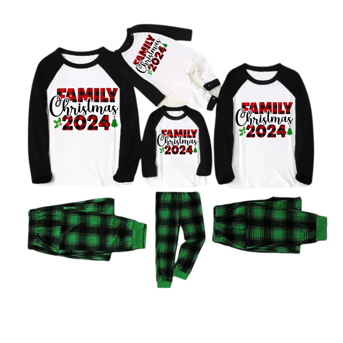 "Family Christmas 2024" Printed Green and Black Plaid Christmas Family Pajamas