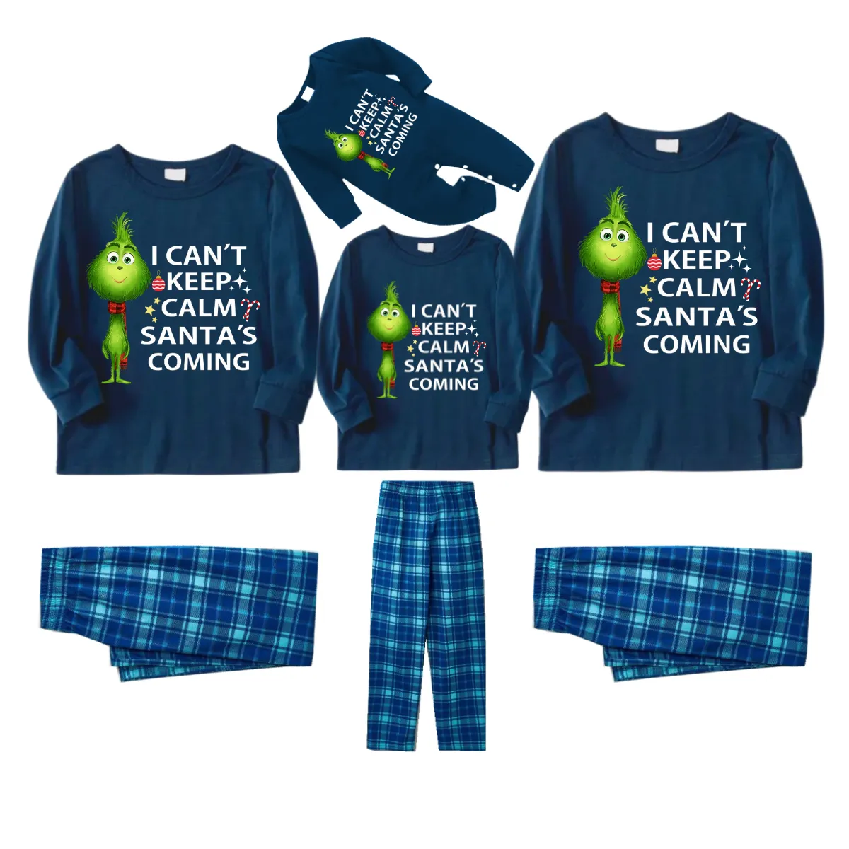 "I Can't Keep Calm, Santa's Coming" Slogan Printed Blue Plaid Christmas Matching Pajamas