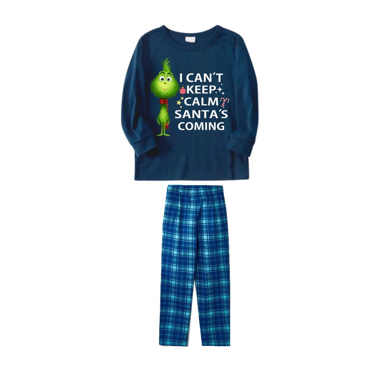 "I Can't Keep Calm, Santa's Coming" Slogan Printed Blue Plaid Christmas Matching Pajamas