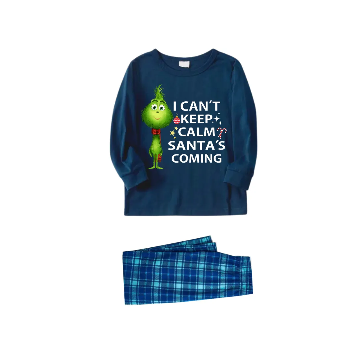 "I Can't Keep Calm, Santa's Coming" Slogan Printed Blue Plaid Christmas Matching Pajamas