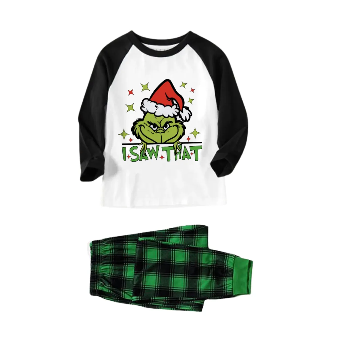 "I Saw that" Text and Cartoon Pattern Printed Green and Black Plaid Christmas Family Pajamas