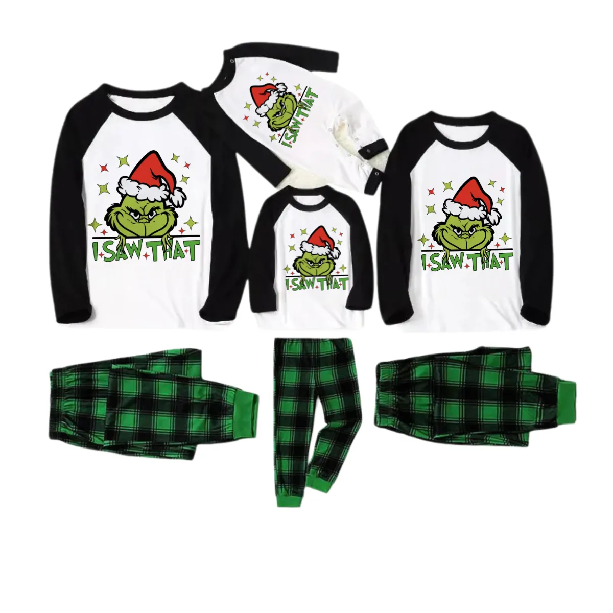 "I Saw that" Text and Cartoon Pattern Printed Green and Black Plaid Christmas Family Pajamas