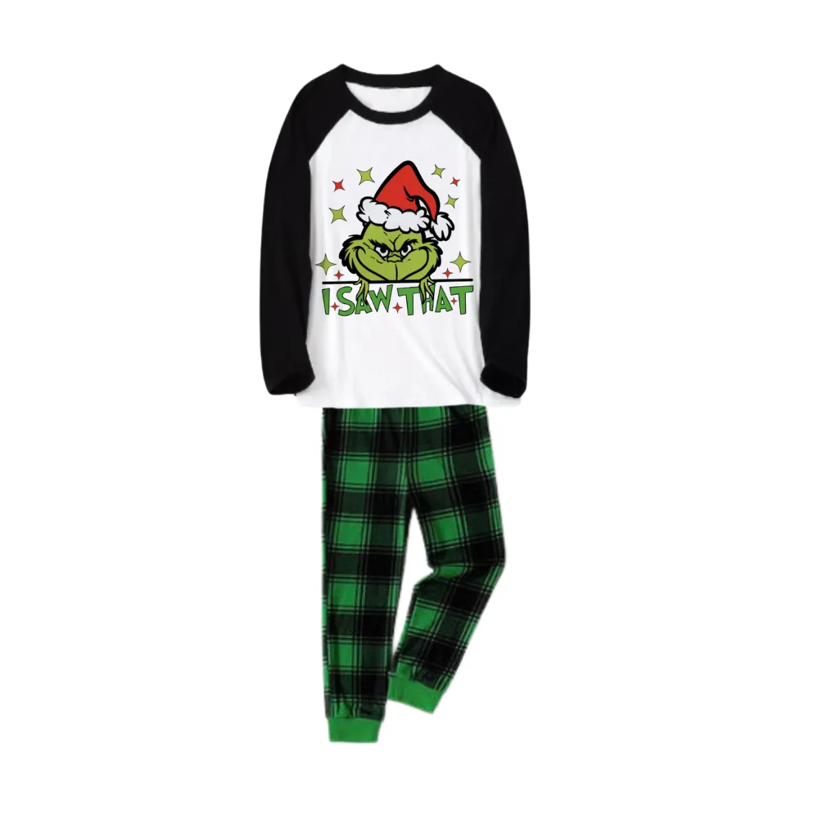 "I Saw that" Text and Cartoon Pattern Printed Green and Black Plaid Christmas Family Pajamas