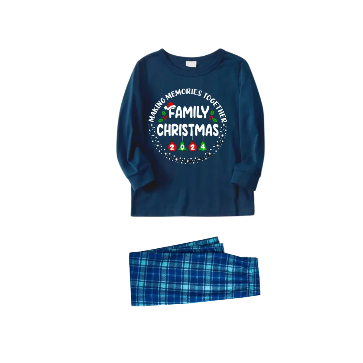 "MAKING MEMORIES TOGETHER FAMILY CHRISTMAS 2024" Text Pattern - Blue Long Sleeve Top With Blue Plaid Family Matching Pajamas