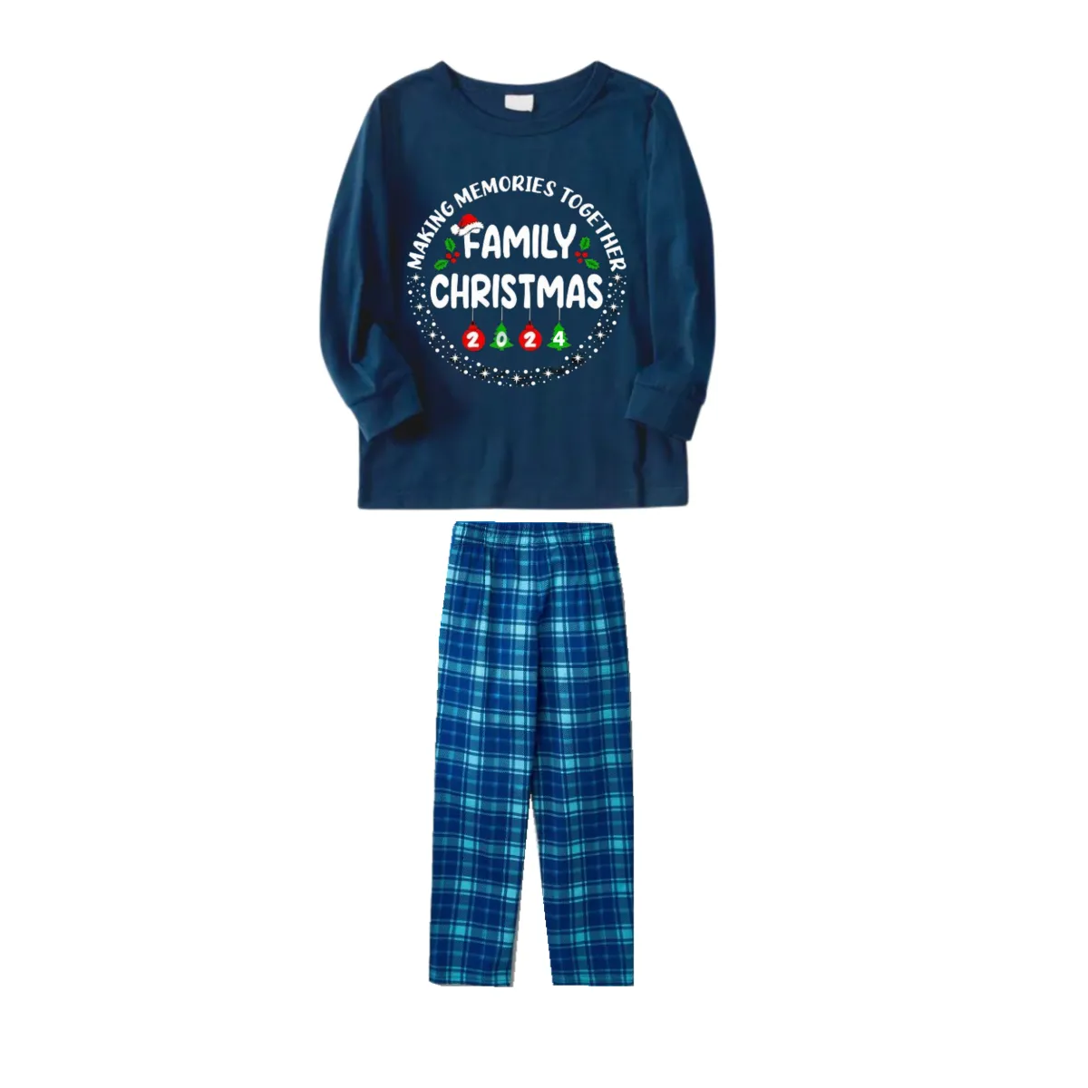 "MAKING MEMORIES TOGETHER FAMILY CHRISTMAS 2024" Text Pattern - Blue Long Sleeve Top With Blue Plaid Family Matching Pajamas