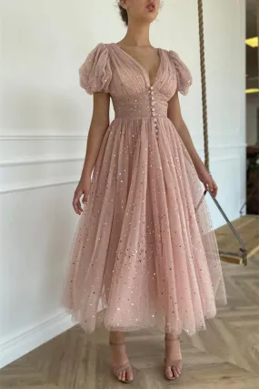 Rose Gold Sequin A-Line Tulle V-Neck Prom Dresses with Sleeves