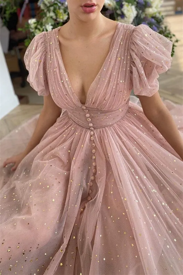 Rose Gold Sequin A-Line Tulle V-Neck Prom Dresses with Sleeves