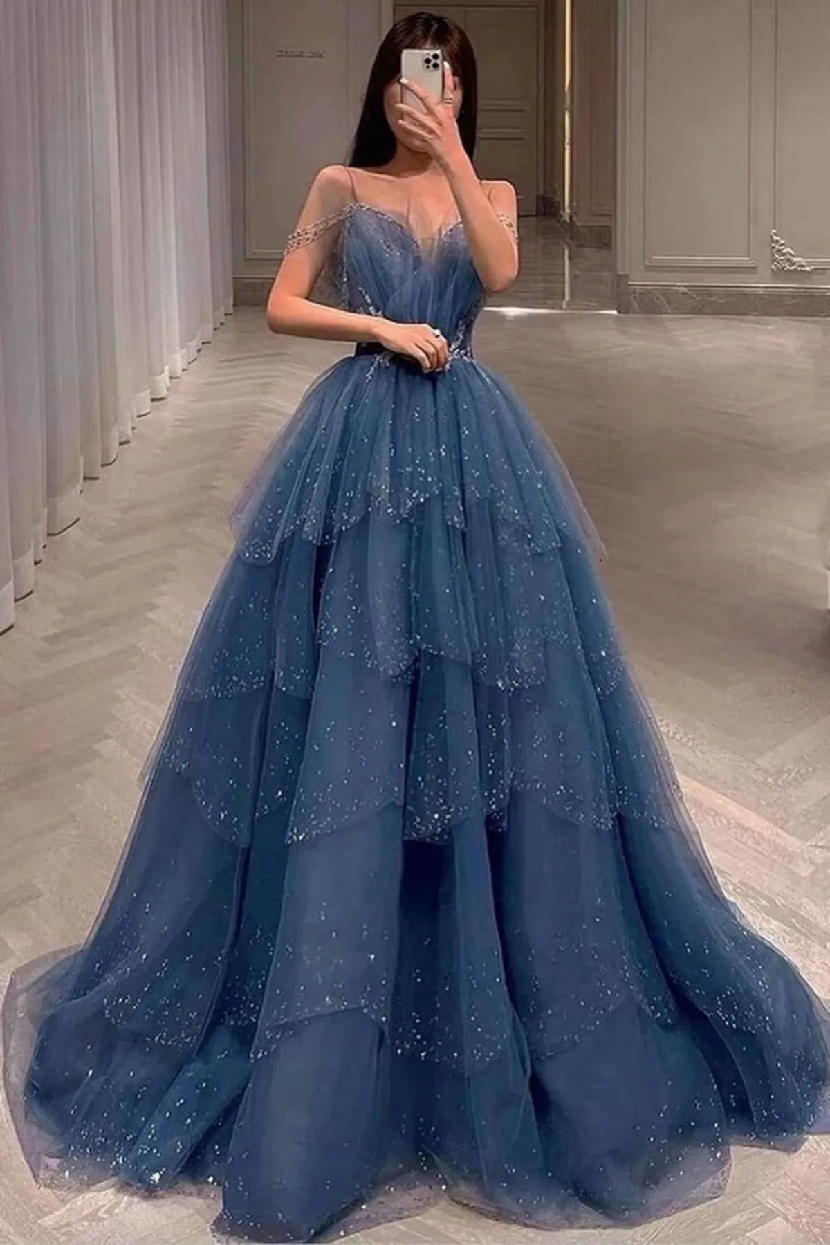 Shiny Blue Beaded Puffy Long Prom Dresses, Blue Beaded Long Formal Graduation Dresses