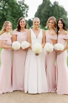 Simple Mermaid Off the Shoulder Light Pink Long Bridesmaid Dresses