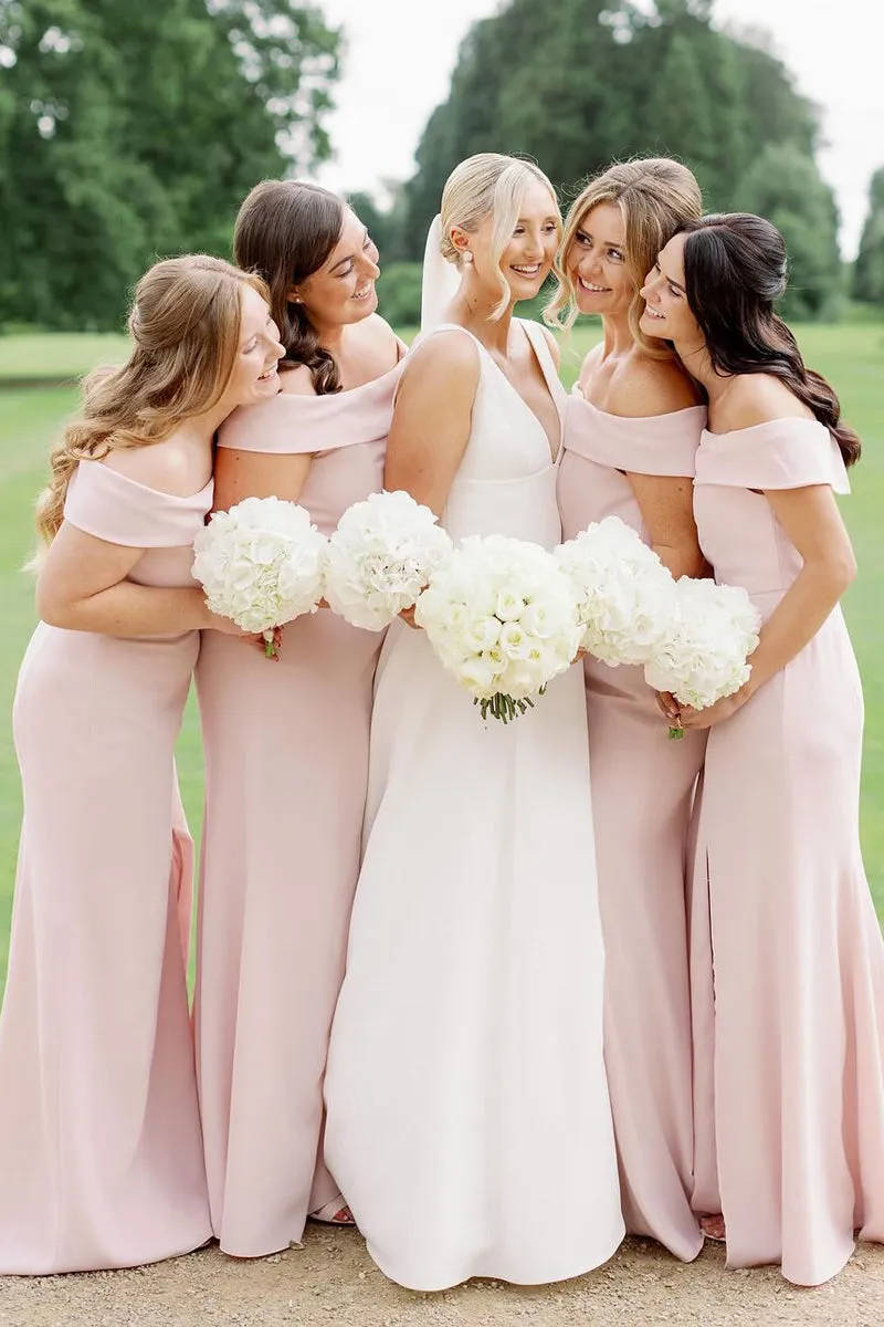 Simple Mermaid Off the Shoulder Light Pink Long Bridesmaid Dresses