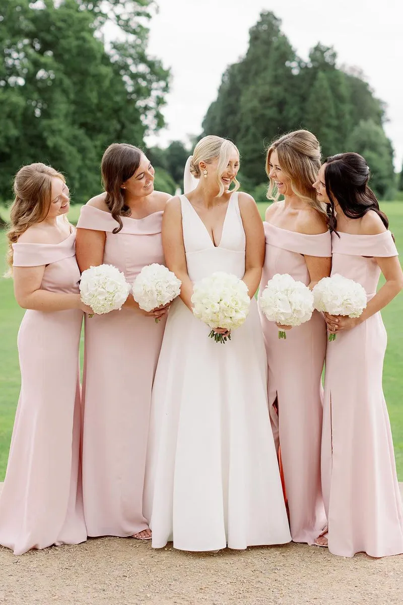 Simple Mermaid Off the Shoulder Light Pink Long Bridesmaid Dresses