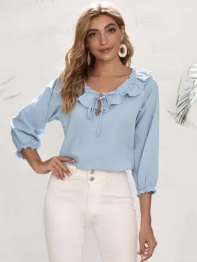 Tie Neck Ruffle Trim Raglan Sleeve Top