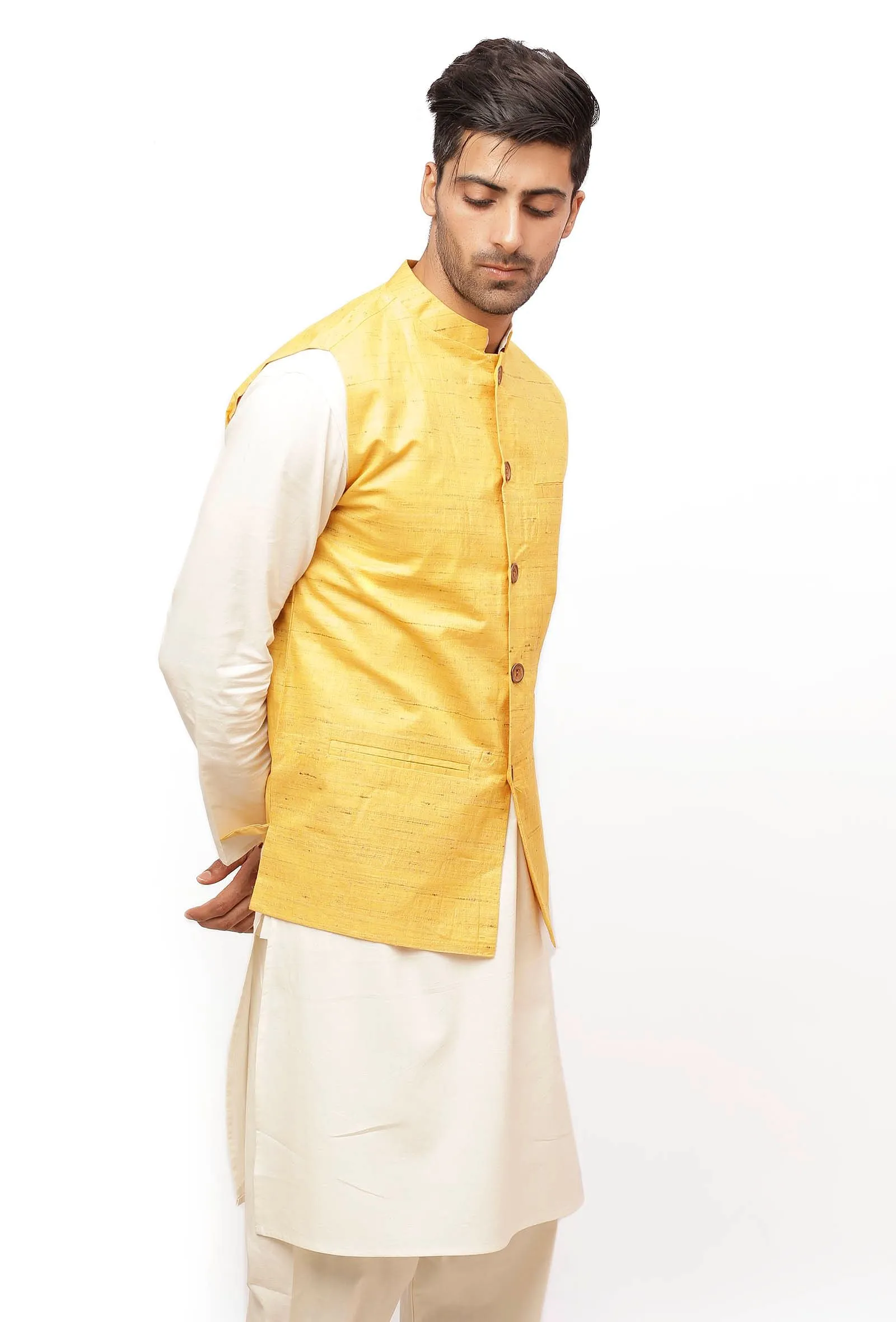 Tuscan Yellow Ghicha Silk Nehru Jacket