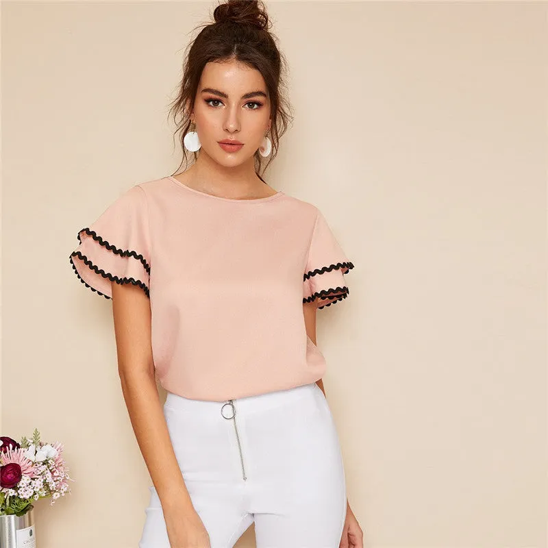 Women's Summer Casual O-Neck Short-Sleeved Blouse With Ruffles