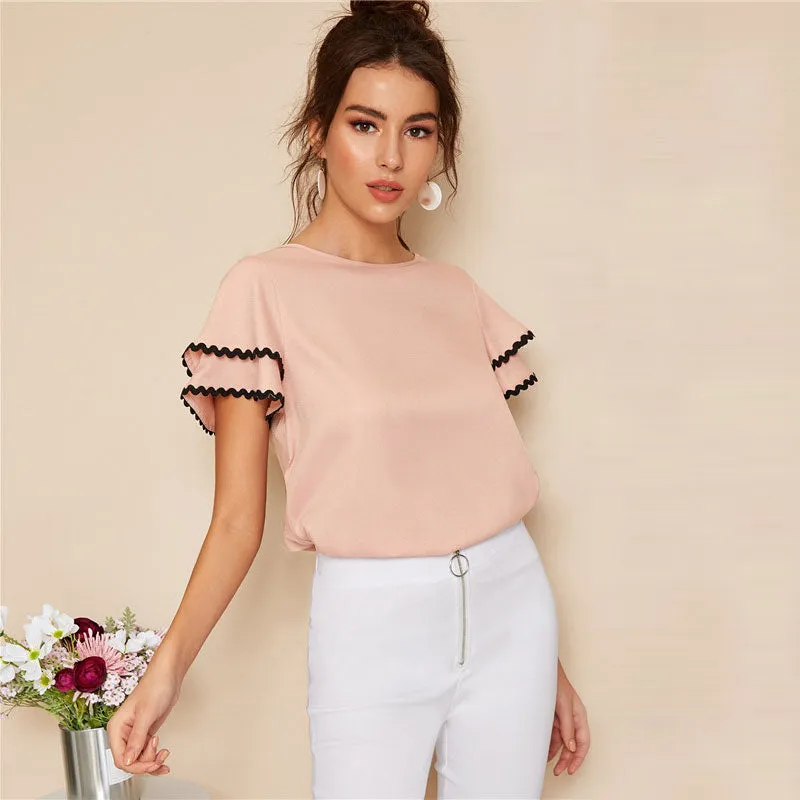 Women's Summer Casual O-Neck Short-Sleeved Blouse With Ruffles