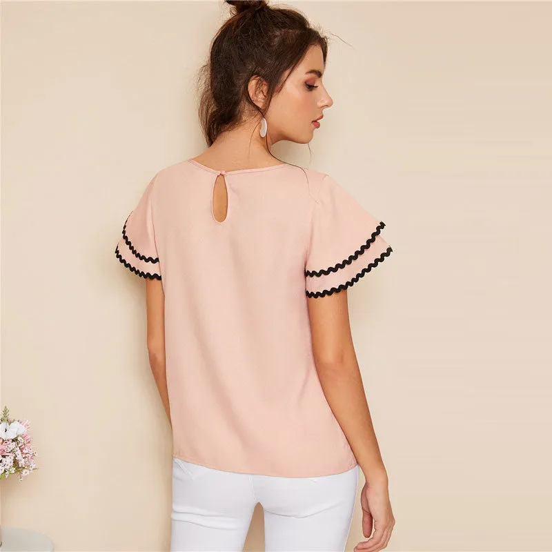 Women's Summer Casual O-Neck Short-Sleeved Blouse With Ruffles